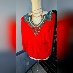 Orange Embellished 3/4 Sleeve Blouse